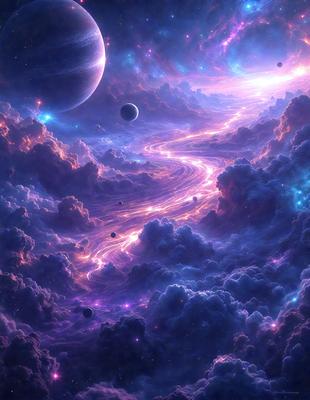 The primary subject of the image is a purple and blue nebula with a swirling pattern. The setting is a space filled with various celestial bodies, including planets and moons. The visual style is a digital art or illustration, creating a vibrant and colorful atmosphere. The dominant colors are purple and blue, with other colors such as pink and green also present in the scene. The overall mood of the image is one of wonder and exploration, as it showcases the beauty and complexity of the universe.